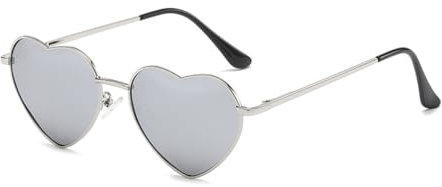 WDZAYXC Polarisierte Herz geformte Sonnenbrille für Damen Vintage Metallrahmen Nette Gläser für Party und Festival(Silber/Silber reflektierend)