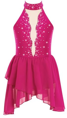 iEFiEL Abito da Pattinaggio Artistico per Bambina Ragazza Abito da Ballo Lirico Senza Manica Body Leotard da Ginnastica Abito da Lezioni di Ballo Gare di Ballo Dancewear Rosa Caldo 13-14 Anni