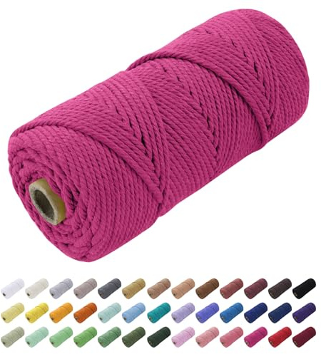 Uiopa Corde Macramé 4mm x 100m, Fil Macramé Coton Ficelle Cordon Naturelle, Cordelette 4mm pour Tenture Murale, Porte Plante Mural, Rideau, Décoration Bohème (Rose Rouge)