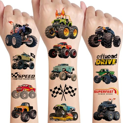 Monster Truck Tattoo Kinder,10 Blätter Monstertruck Kindertattoos Jungen Hautfreundlich Monstertruck Temporäre Tattoos sticker,Mitgebsel Kindergeburtstag Gastgeschenke Party Deko Geburtstag Deko