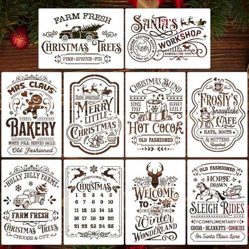 Weihnachtsschablonen zum Bemalen, A4, Weihnachtsschablonen zum Basteln, wiederverwendbare Zeichenschablonen für Urlaub, Holzstoffe, Fußmatte, Veranda, Aufhänger, Winterdekoration (XMS Schablone