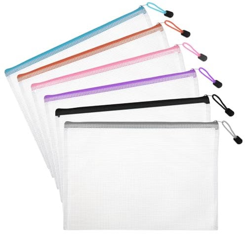 Mesh Bags with Zipper, 6 PCS Mesh Folders A4 Mesh Zipper Pouch Bags Waterproof Clear Zipper Pouches for Organizing, Plastic Mesh Storage Bags File Bags for Puzzle Board Games and Office Supplies