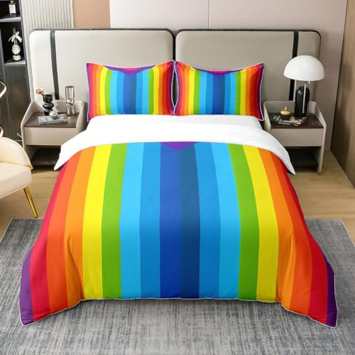 Arc en Ciel LGBT Coton Housse de Couette 240 x 260,Rayures Colorées Parure de Lit,Gay Pride Géométrique Couvre Lit,Ensemble de Literie en Bois pour Adultes Adolescents