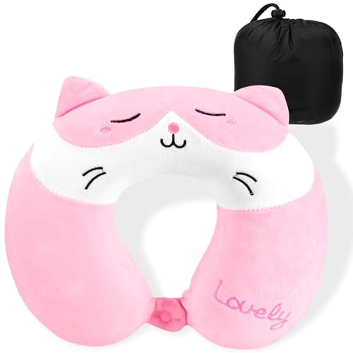 Auauraintt Oreiller de Voyage Coussin de Nuque,Oreiller Cervical pour Enfants,Oreiller en Mousse à mémoire de Forme en U,Oreiller Cervical Adultes, pour Voiture,Avion,Bureau (Rose, Visage Souriant)