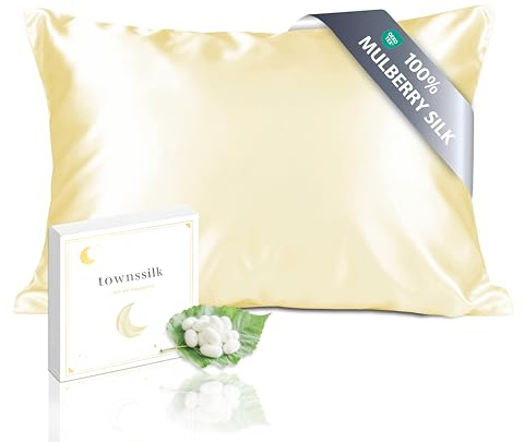 townssilk Kissenbezug Seide 100% 19mm Pure Maulbeerseide,Beidseitig Seide,für Haar Haut Gesundheit,kopfkissenbezug Seide,verstecktem Reißverschluss,1Stück,50x60cm,LightYellow