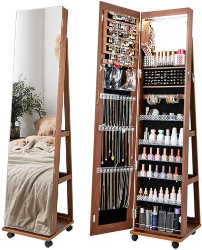 HOMASIS Schmuckschrank mit Rollen, drehbarer Spiegelschrank mit 3 farbigen LED-Lichtern & verstellbaren Regalen, stehender Schmuckspiegel für Halsketten Ohrringe Kosmetika (Braun)