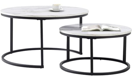 okwish Set mit 2 Runden Couchtischen, Ssatztische fürs Wohnzimmer, Stapelbarer Sofatisch Mit Weiße MDF-Tischplatte und schwarzer Metallrahmen, Ideal für Wohnzimmer, Balkon und Büro, Weiß und Schwarz
