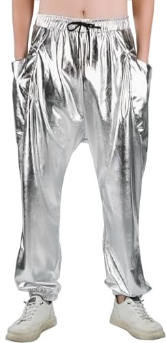 GENEMEN Mens Metallic Pants Elastic Bottoms Trousers Shiny 70s Disco Outfits Festival Party Fancy Dress Costume (Silver, M)