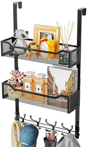 SWTYMIKI Over Door Coat Hooks - Storage Organiser with 2 Mesh Baskets | For Renters Dorms & Small Spaces, No Drilling, 16 Hooks, Rustproof Stainless Steel, Silent Stable, Fits Most Doors, Multi-Use