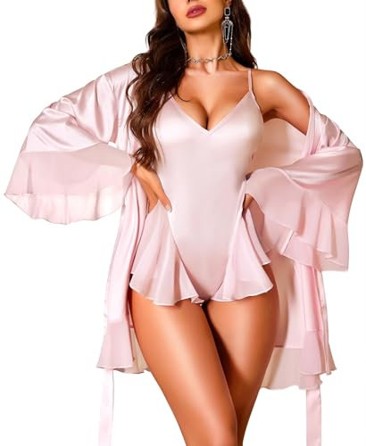 RSLOVE Lingerie Sexy Femme - Peignoir Kimono en Satin Nuisette de Nuit Robe de Chambre Rose M