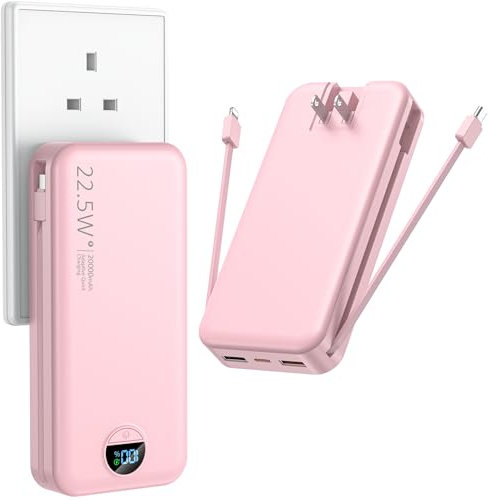 Portable Charger with Wall Plug, 20000mAh USB C Power Bank Fast Charging, External Battery Pack with Built in Cables, Digital Display, 5 Output 2 Input for iPhone Android Cell Phone Tablet
