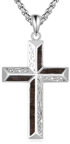 URONE Kreuz Halskette 925 Sterling Silber Holz Anhänger Schmuck Religiöse Geschenke für Frauen Männer