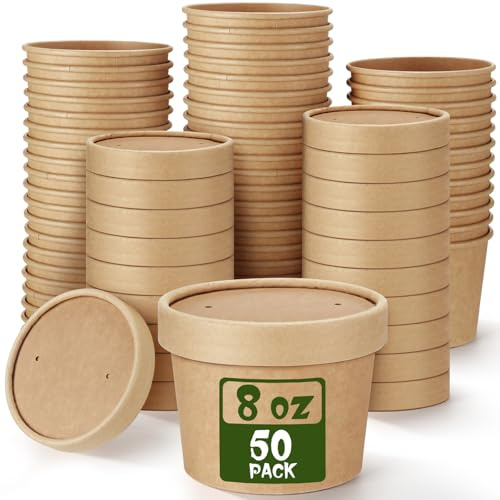 Fulmoon 50 Pack 8 oz Paper Soup Containers with Lids, Disposable Kraft Paper Soup Cups Ice Cream Bowls Food Storage with Lids, Microwavable and Freezer Safe