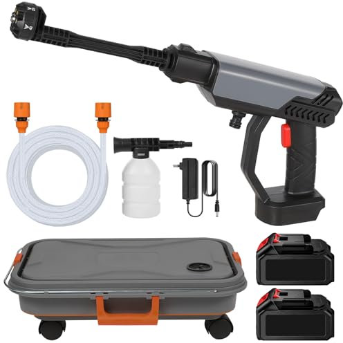 Akku Hochdruckreiniger mit Faltbarer Wassertank, 21V Kabellose Hochdruckpistole mit 2 Akku 15000mAh, 6-in-1 Düse, Max 30 Bar Hochdruckreiniger für Auto (Grau)