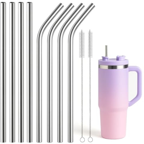 8Pcs Stainless Steel Replacement Straw for Stanley Cap, Straw Brush Easy to Clean Water Bottle Straws, Reusable Straws, Long Stainless Steel Straws Thick for 40oz(8 Pack with 2 Brush)