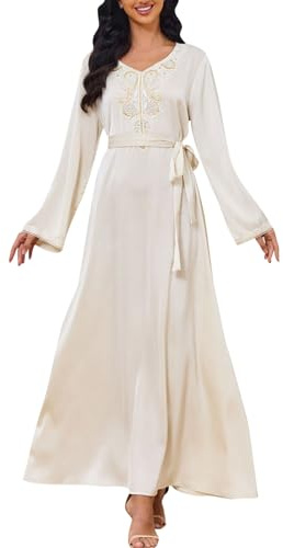 Amxleh Muslimische Kleider Damen Festlich Elegant Damen Kleidung Dubai Unifarben Jilbab für Ramadan Kleid Ganzkörper Eid Mubarak Kaftan Abayas Dress Islamische Gebetskleid