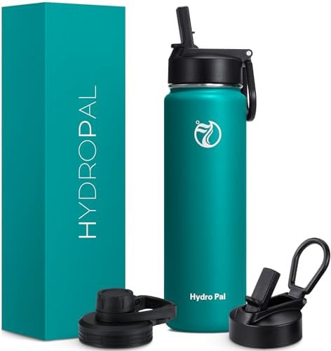 HydroPal Edelstahl Trinkflasche - 750ml, 1L, 1,2L, BPA-Frei, Kohlensäure geeignet, Isolierte flasche mit Strohhalm & 2 Deckel, Auslaufsichere Isolierflasche für Sport (Türkis, 750 ml)