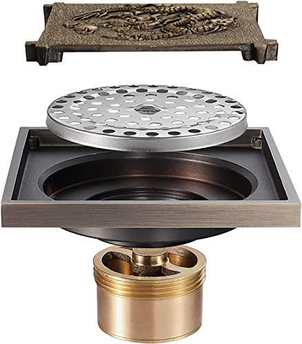 OWOHYG Antique Shower Drain Brass Shower Floor Drain 4 inch Square Deodorizer Shower Waste Drain with Removable Cover, Large Flow