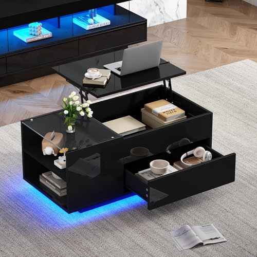 Merax Couchtisch mit Höhenverstellbarer Platte, Moderner Hochglanz Wohnzimmertisch mit LED, Sofatisch Kaffeetisch mit Schubladen, Glasvitrine, Versteckter Stauraum, Rechteckig Beistelltisch, Schwarz