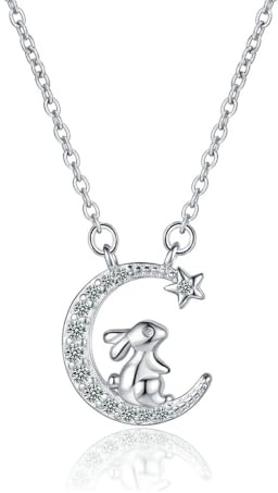 HinDaLi 925 Sterling Silver Bunny Rabbit Moon Necklaces for Women Girls | Ladies Cute Animal Bunny Rabbit Pendant Cubic Zirconia Crescent Moon Pendant Diamond Sparkly Choker Necklace Womens Silver