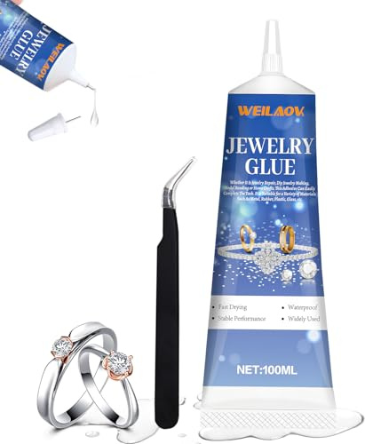 WEILAOK Colla Per Gioielli, Colla Per Gioielli e Tessuti, colla Multiuso Gioielli, Fornito Con Pinzette e Punta Fine, Perfetto per Incollaggi Precisi di Perle, Pietre Preziose e Altro Ancora, 100ml