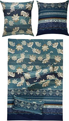 Erwin Müller Flanell Bettwäsche, Bettgarnitur mit orientalischen Blumen-Ornamenten blau Größe 80x80 cm / 200x220 cm - klimaausgleichend, mit Reißverschluss, 100% Baumwolle (weitere Größen)