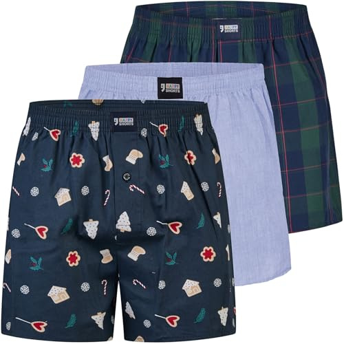 Happy Shorts Herren Weihnachts-Webboxer 3er Pack aus 100% Baumwolle mit Center Seam und moderner Passform