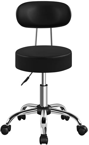 Yaheetech Taburete Giratorio Taburete con Ruedas y Respaldo con Altura Regulable 75.5-85 cm Asiento Tapizado de Polipiel Sintético para Oficina Dormitorio Negro