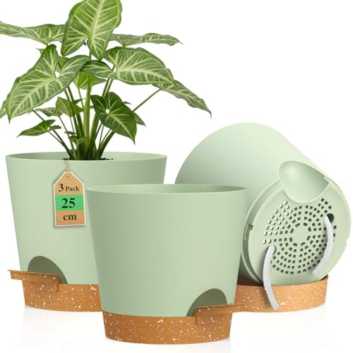 WSMKSZ 25cm Self Watering Plant Pots Indoor Outdoor, 3 Pack Flower Pots | 10 inch Large Thick Plastic Planters Pots with Drainage Holes & Removable Deep Reservoir, Cotton Wick, Green Brown