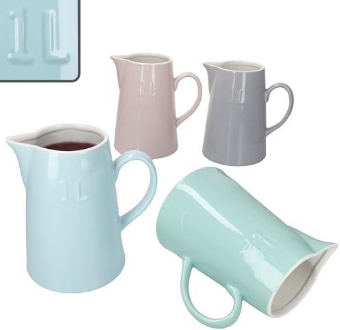 MamboCat Emilia 4er Set Krug 1L I Steingut Kannen in Pastell Mint, Rosa, Hellblau & Grau mit Cremeweiß I ideal für Wasser, Saft, Milch & Limo I Frühstück, Brunch & Alltag