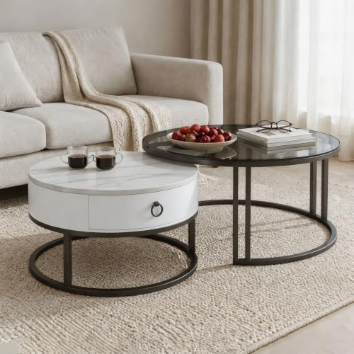 Nesting Coffee Table Set of 2, Round Nest of Tables with Wooden Storage Drawer, Marble Pattern Sintered Stone and Tempered Glass Tabletop, Sofa Tea Table for Living Room, Bedroom, Office