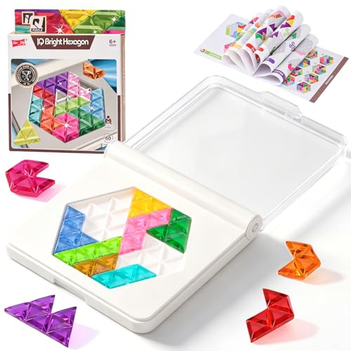 LTFIOON Geometrisches Legespiel – IQ Puzzle, Progressiven Herausforderungen & 2 Formen (Stern/Sechseck) – Bunte Glanzsteine wie Gelee – Tragbar mit Deckel & Lösungsheft – Für Erwachsene & Kinder