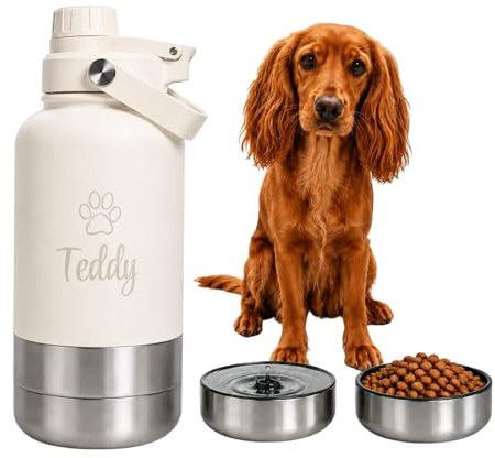 Just Giftz Personalised Dog Water Bottle 32oz, 3-in-1, Cream | Double-wall vacuum insulated design with detachable food and drinking bowl, ideal for walks, road trips and days out.