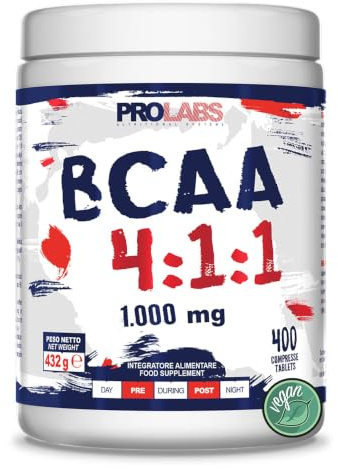 PROLABS – Bcaa Aminoacidi Ramificati Compresse 4.1.1, Amminoacidi 100% Veg con Vitamina B6, B1 e L-Leucina (4 parti) Crescita e Recupero Muscolare, Integratore Post e Pre Workout, 400 Tablet (1000 mg)