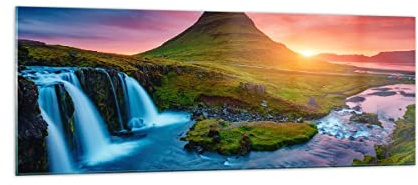 ARTTOR Glasbild 140x50cm Wandbild Glasdruck Landschaften Natur - 2963 | Westen Sonnen Wasserfall Panorama Groß XXL Modern Dekoration Wohnzimmer Schlafzimmer Küche Wanddeko Kunstdruck Art ARTTOR