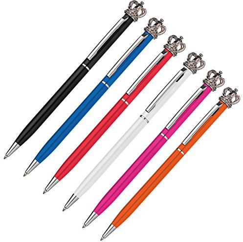 6x Drehkugelschreiber aus Metall / mit Krone / 6 Farben