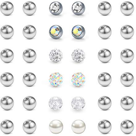 LAURITAMI 36er Ersatzkugel Piercing Kugel 5mm Set Chirurgenstahl Plastik 1.6mm Gewinde Kugel Barbell Zungenpiercing Bauchnabelpiercing Silber
