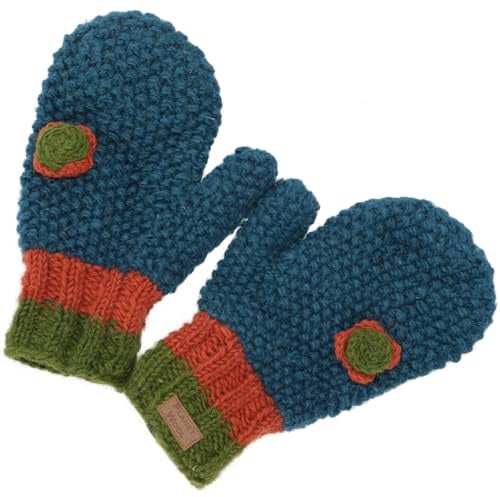 GURU SHOP Handschuhe, Gestrickte Fausthandschuhe mit Häkelblümchen Nepal - Petrol, Herren/Damen, Wolle
