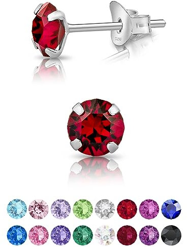 Pendientes Plata de Ley 925 con Cristales Swarovski Rojo Rubí 5 mm - Aretes Mujer Rojos - Pendientes de Colores