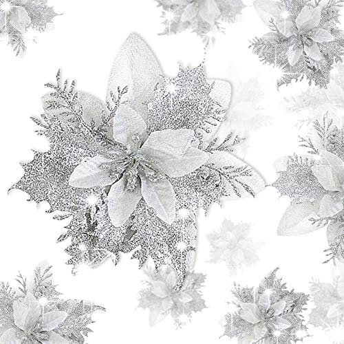 UFLF 12pcs Weihnachten Blumen Glitzer Künstlich Weihnachtsblumen Weihnachtsbaum Blumen Weihnachtsbaumschmuck Weihnachtsdeko Weihnachtskranz Homedeko