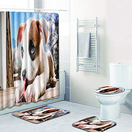 GUOCU Badezimmer Teppich Set-4 TLG,Badematten rutschfeste+Polyester Wasserdicht Antibakterielles Duschvorhang mit 12 Haken+Deckel WC Bezug+U-förmiger Matte Ozean/Wolfs Muster Badgarnitur U 50x80CM