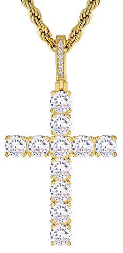 KRKC&CO Kreuz Kette, 14K Gold plattiert 2,5mm 56cm Rope Kette mit Iced Out Kreuz Anhänger, Kreuz mit Zirkonia Silber Kreuzkette Kordelkette Hip Hop Anhänger Kette Geschenke für Herren