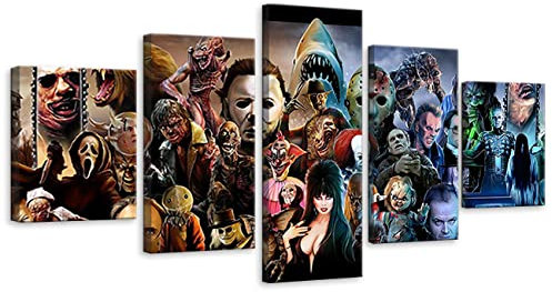 ZHONGYUTONG 5 Stück Horror Movie Wand Poster Klassischer Horror Film Charakter HD Leinwand Kunstdruck Halloween Bild Gemälde (200x100cm, Gerahmt)
