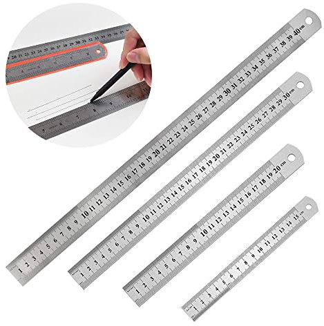 HIQE-FL Edelstahl-Lineal 4er Set,Stahllineal,15/20/30/40cm Metalllineal mit Doppelseiten Skala Kante,Messwerkzeug Metall