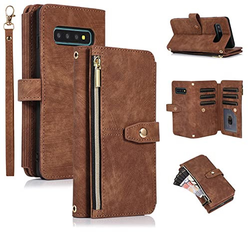 UEEBAI Hülle für Samsung Galaxy S10, 9 Kartenfäche Retro Leder Geldbörse Stoßfest Flip Case mit Handschlaufe Standfunktion Reißverschluss Handyhülle Magnetverschluss Wallet– Retro Braun