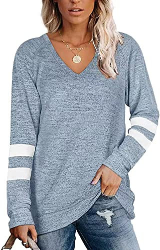 Famulily Womens Light Jumper Solid Color V-Neck Causal Sweatshirt as Sky Blue M