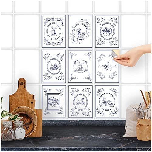 FoLIESEN Fliesenaufkleber für Bad, Küche, Badezimmer - Fliesen-Folie selbstklebend - Deko-Aufkleber - Delfter Kacheln, .:15x20 cm - 9-tlg.