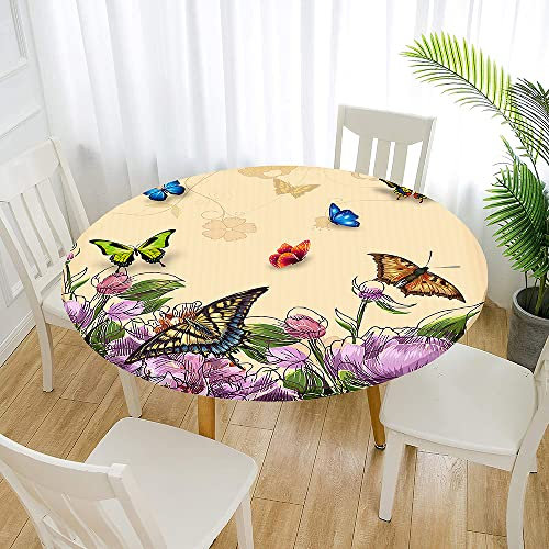 Morbuy Rund Tischdecke Elastisch, Schmetterling Drucken Rund Tischdecken Wasserdicht Lotuseffekt Abwaschbar Abwischbar Tischtuch für Garten Outdoor Küchentisch (Für Tisch 100-110 cm,Beige)