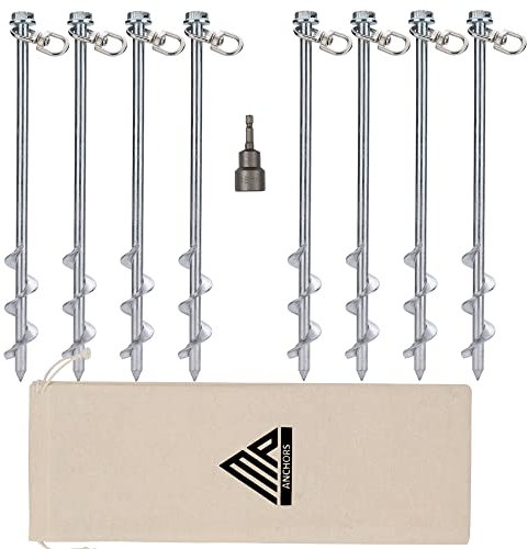 Ground Anchors Screw in - 12 Inch Set of 8 - Tent Stakes Heavy Duty - Trampoline Anchor Kit - Earth Anchor - Swing Set Anchors for Metal Swing Set - Trampoline Stakes Anchors High Wind