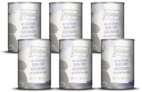 MjAMjAM - Premium Nassfutter für Katzen - DUO von saftigem Hühnchen & Kaninchen an gedämpftem Kürbis, 6er Pack (6 x 400 g), getreidefrei mit extra viel Fleisch